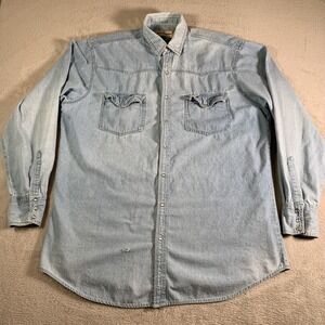 Bit & Bridle Shirt Mens XLT Light Wash Denim Western Pearl Snap Long Sleeve FLAW